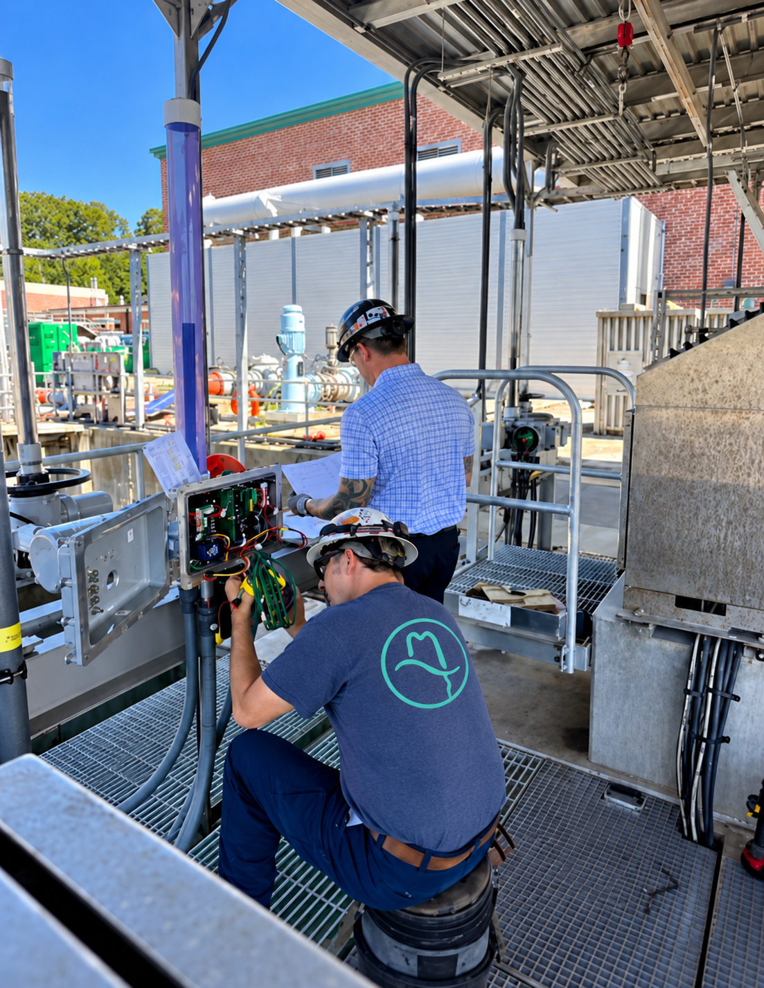 Field technicians servicing a valve actuator, with the Georgia Western hat logo on a technician’s work shirt